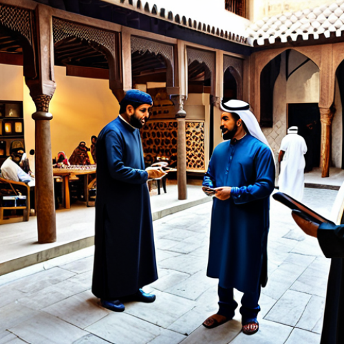 A diverse group of fully clothed Arab-speaking individuals from various regions interacting in a vibrant, artistic setting that blends a traditional souk with modern architectural elements. Subjects are engaged in friendly conversation, some admiring handcrafted items, while others subtly engage with tablet devices, reflecting a fusion of heritage and progress. All individuals wear modest, contemporary and traditional attire, showcasing a rich cultural tapestry. The scene is well-lit, with natural light emphasizing rich textures and colors. Perfect anatomy, correct proportions, natural poses, well-formed hands, proper finger count. Safe for work, appropriate content, fully clothed, family-friendly, high quality.