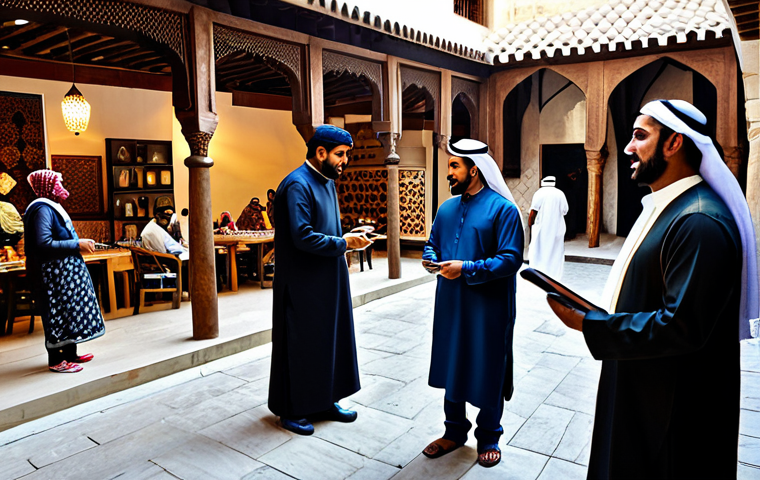 A diverse group of fully clothed Arab-speaking individuals from various regions interacting in a vibrant, artistic setting that blends a traditional souk with modern architectural elements. Subjects are engaged in friendly conversation, some admiring handcrafted items, while others subtly engage with tablet devices, reflecting a fusion of heritage and progress. All individuals wear modest, contemporary and traditional attire, showcasing a rich cultural tapestry. The scene is well-lit, with natural light emphasizing rich textures and colors. Perfect anatomy, correct proportions, natural poses, well-formed hands, proper finger count. Safe for work, appropriate content, fully clothed, family-friendly, high quality.